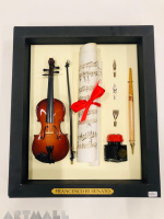Gift set wooden reproduction violin cm23 with bow, writing kit nibholder, 4 nibs, 25cc ink, music pa