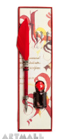 Writing set, Red quill with pointed metal nib 15 cm & Red ink 5cc