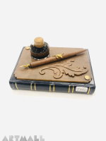 desk set book blanc pages cm13,5x9,5 w/decorated similwood cover-pen rest, wooden nibholder cm 12, i