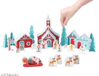 Christmas paper Village, Santa’s Paper House stands 5″ wide x 7″ high x 3″ deep.