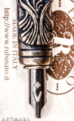 Writing Set: Metal handle with decoration, Blue turkey feather, broad metal nib, 10cc ink