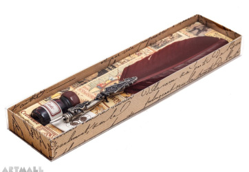Writing Set: Metal handle with decoration, Bordeaux  turkey feather, pointed metal nib, 10cc ink